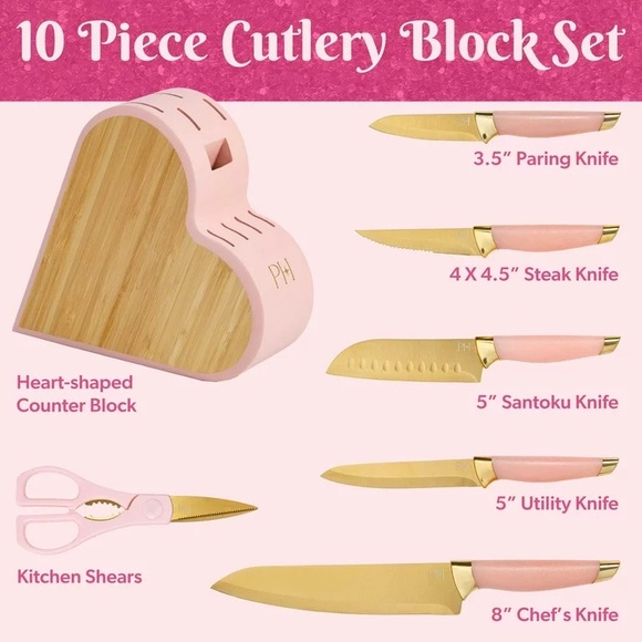 BNIB! Paris Hilton 10-Piece Heart-Shaped Stainless Steel Knife Block Set, Pink💖 - Picture 4 of 10